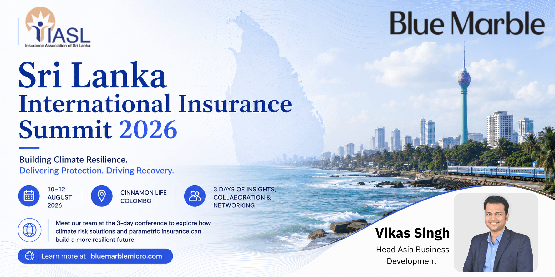 Blue Marble discussing climate risk analytics and parametric insurance solutions for Sri Lanka's microfinance institutions at the Sri Lanka International Insurance Summit 2026.